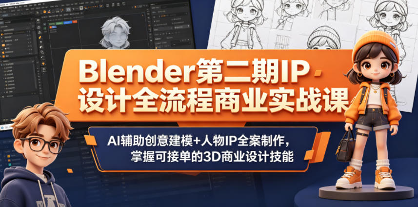 Blender第二期IP设计全流程商业实战课，AI辅助创意建模+人物IP全案制作，掌握可接单的3D商业设计技能-御文网