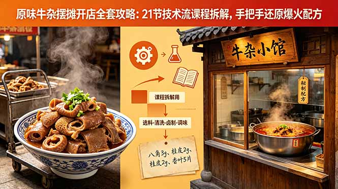 原味牛杂摆摊开店全套攻略：21节技术流课程拆解，手把手还原爆火配方-御文网