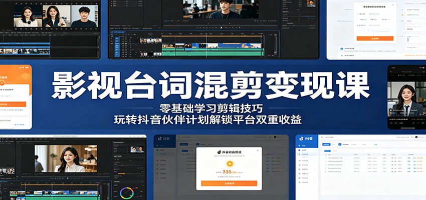 影视台词混剪变现课:零基础学习剪辑技巧,玩转抖音伙伴计划解锁平台双重收益-御文网