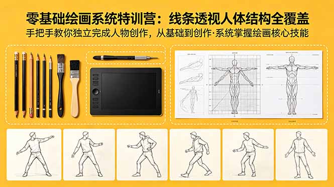 零基础绘画系统特训营：线条透视人体结构全覆盖，手把手教你独立完成人物创作-御文网