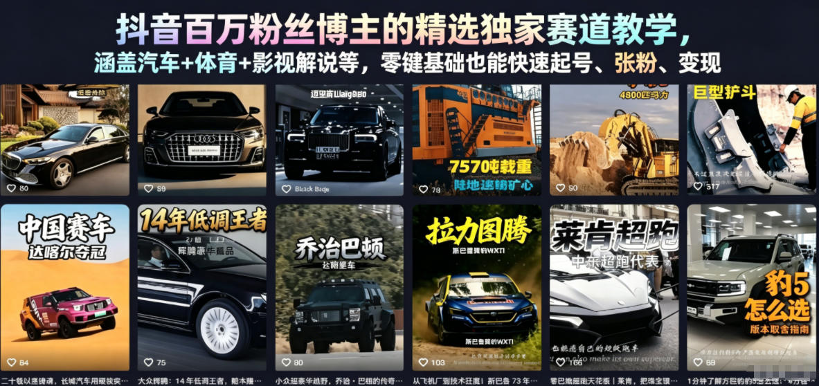 抖音百万粉丝博主的精选独家赛道教学,涵盖汽车+体育+影视解说等,零基础也能快速起号、涨粉、变现-御文网