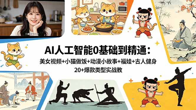 AI人工智能0基础到精通:美女视频+小猫做饭+动漫小故事+福娃+古人健身,20+爆款类型实战教学-御文网