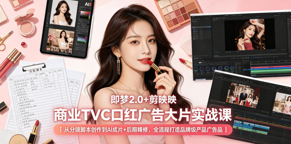 即梦2.0+剪映商业TVC口红广告大片实战课｜从分镜脚本创作到AI成片+后期精修，全流程打造品牌级产品广告-御文网