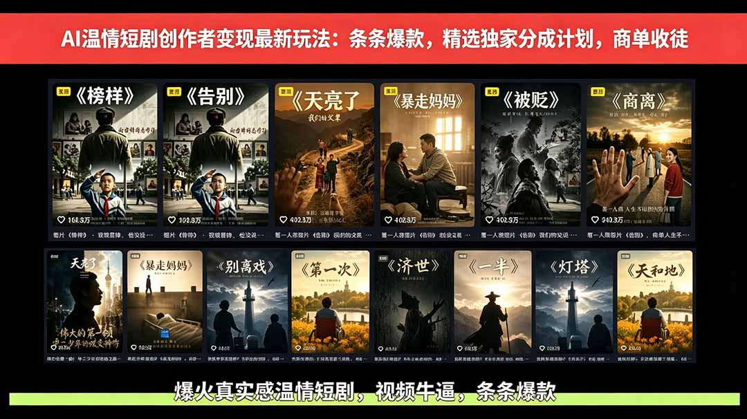 AI温情短剧创作者变现最新玩法：视频牛逼，条条爆款，精选独家分成计划，商单收徒-御文网