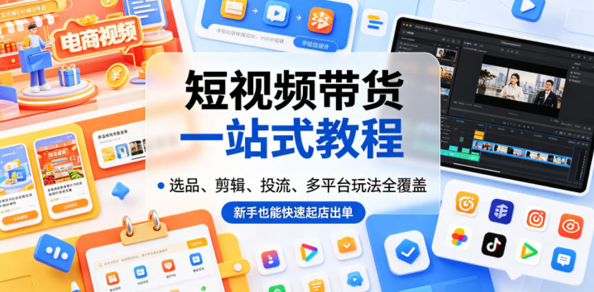 短视频带货一站式教程，选品、剪辑、投流、多平台玩法全覆盖，新手也能快速起店出单-御文网