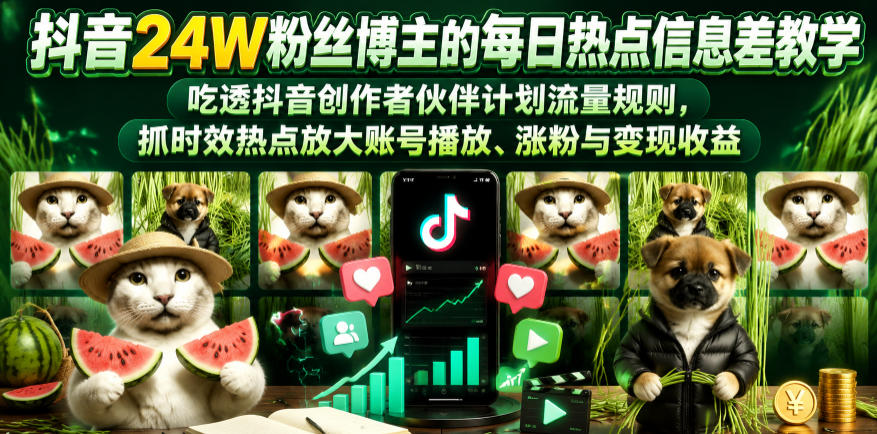 抖音24W粉丝博主的每日热点信息差教学，吃透创作者伙伴计划流量规则，抓时效热点放大账号播放、涨粉与变现收益-御文网