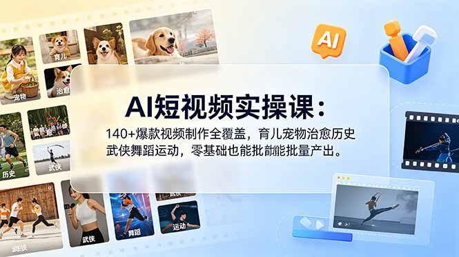 AI短视频实操课：140+爆款视频制作全覆盖，育儿宠物治愈历史武侠舞蹈运动，零基础也能批量产出-御文网