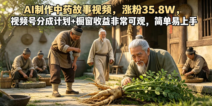 AI制作中药故事视频，涨粉35.8W，视频号分成计划+橱窗收益非常可观，简单易上手-御文网