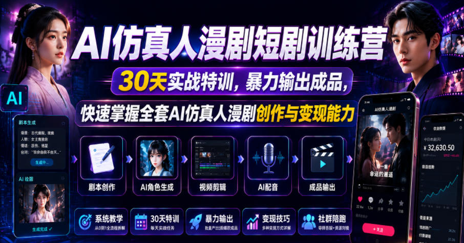 AI仿真人漫剧短剧训练营,30天实战特训,暴力输出成品,快速掌握全套AI仿真人漫剧创作与变现能力-御文网