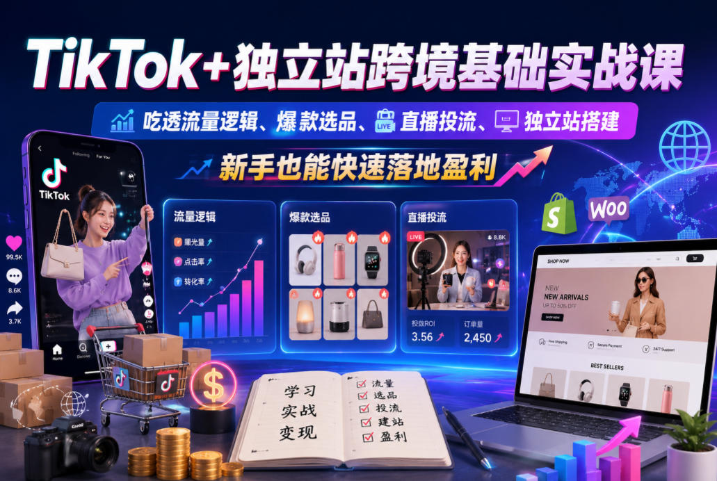 TikTok+独立站跨境基础实战课，吃透流量逻辑、爆款选品、直播投流与独立站搭建，新手也能快速落地盈利-御文网