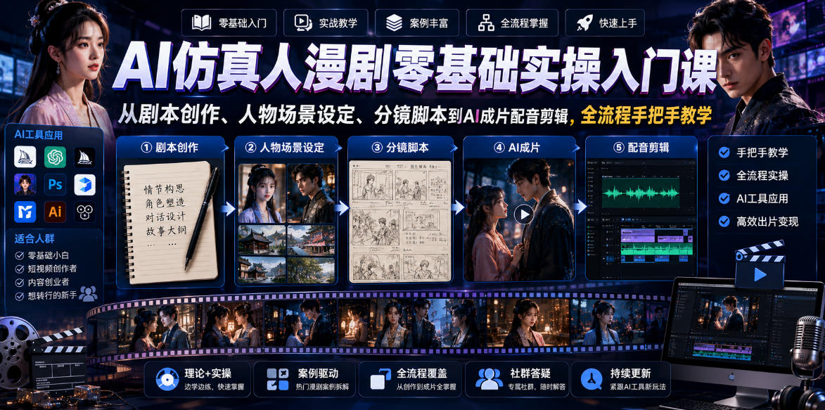 AI仿真人漫剧零基础实操入门课，从剧本创作、人物场景设定、分镜脚本到AI成片配音剪辑，全流程手把手教学-御文网