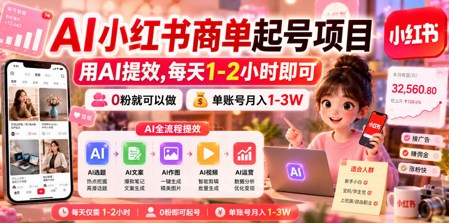 AI小红书商单起号项目，用AI提效,每天1-2小时即可，0粉就可以做，单账号月入1-3W-御文网