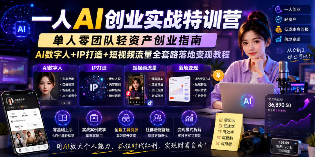 一人AI创业实战特训营，单人零团队轻资产创业指南，AI数字人+IP打造+短视频流量全套路落地变现教程-御文网