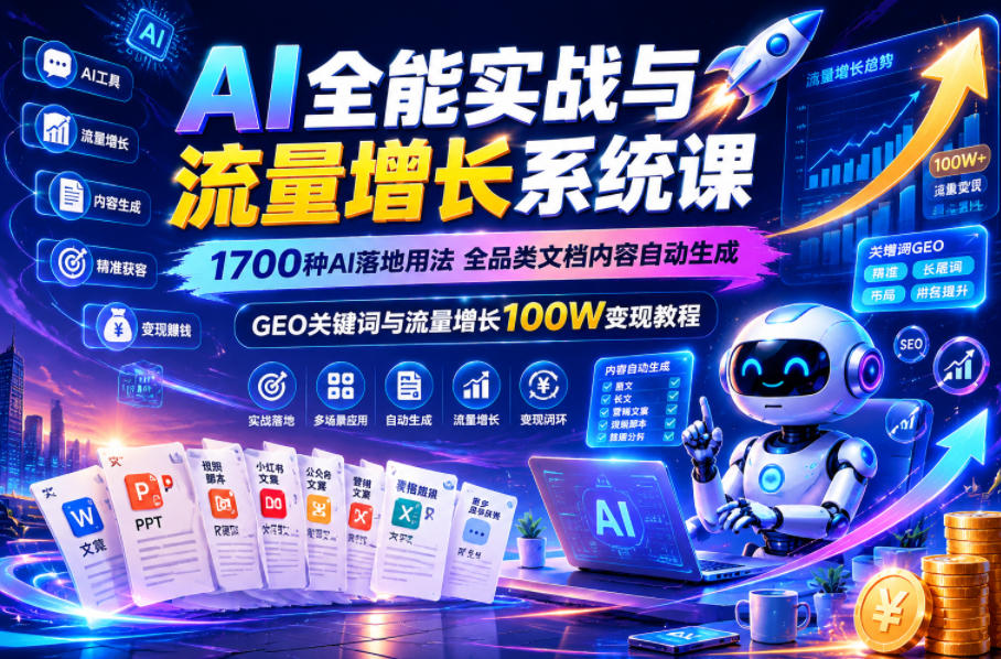 AI全能实战与流量增长系统课，1700种AI落地用法，全品类文档内容自动生成，GEO关键词与流量增长100W变现教程-御文网