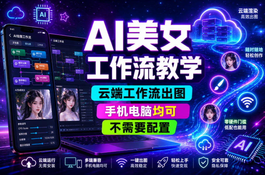 AI美女工作流教学，云端工作流出图，手机电脑均可，不需要配置，快速起号涨粉-御文网