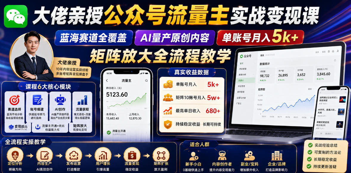 大佬亲授公众号流量主实战变现课，蓝海赛道全覆盖，AI量产原创内容，单账号月入5k+矩阵放大全流程教学-御文网