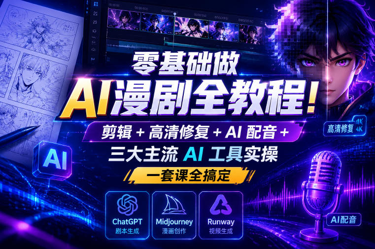 零基础做AI漫剧全教程！剪辑+高清修复+AI配音+三大主流AI工具实操，一套课全搞定-御文网