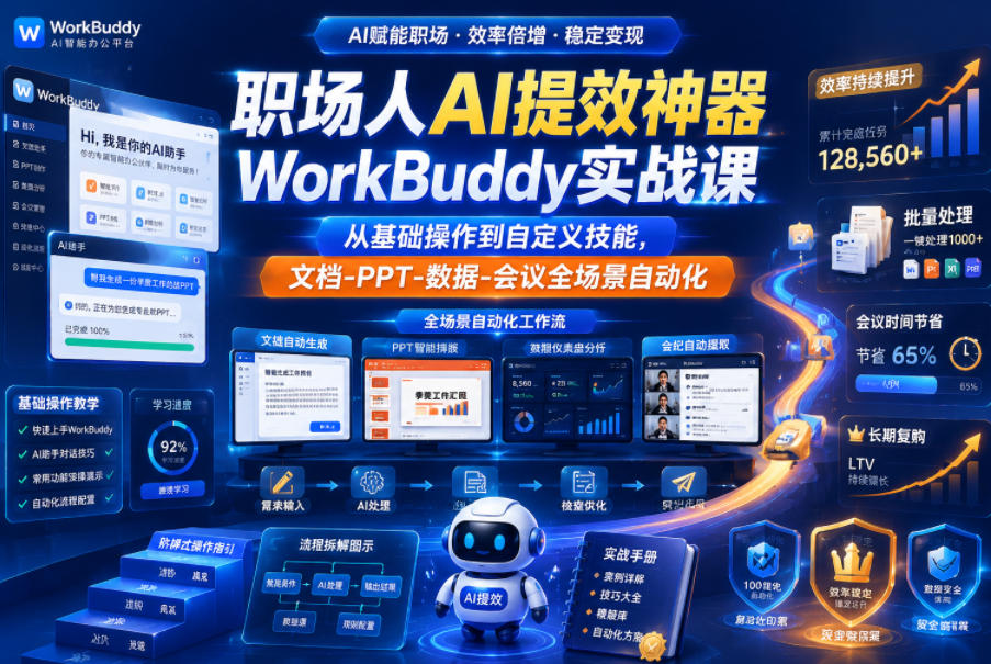 职场人AI提效神器WorkBuddy实战课，从基础操作到自定义技能，文档-PPT-数据-会议全场景自动化-御文网