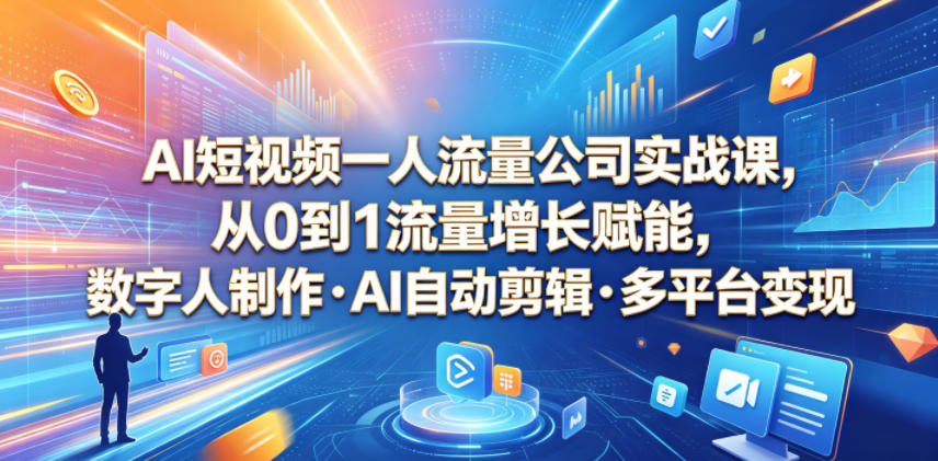 AI短视频一人流量公司实战课，从0到1流量增长赋能，数字人制作・AI自动剪辑・多平台变现，一人做流量生意全落地教程-御文网