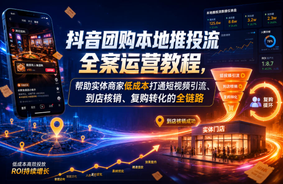 抖音团购本地推投流全案运营教程,帮助实体商家低成本打通短视频引流、到店核销、复购转化的全链路-御文网