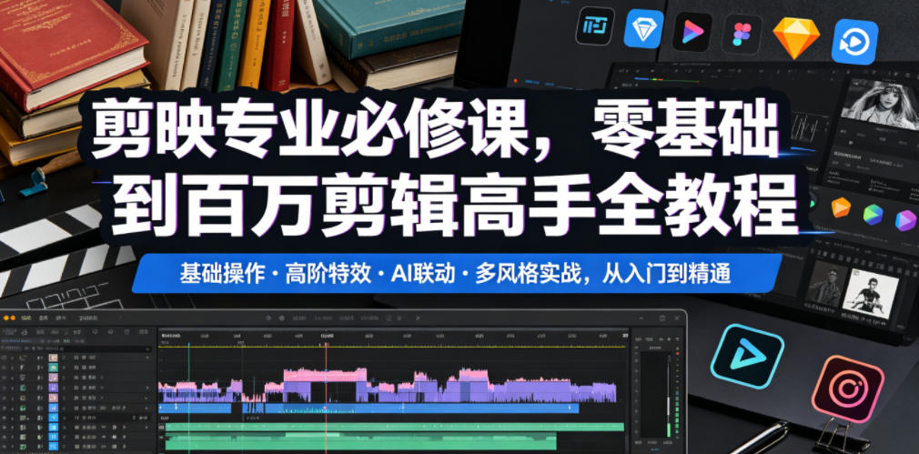 剪映专业必修课,零基础到百万剪辑高手全教程,基础操作・高阶特效・AI联动・多风格实战,从入门到精通-御文网