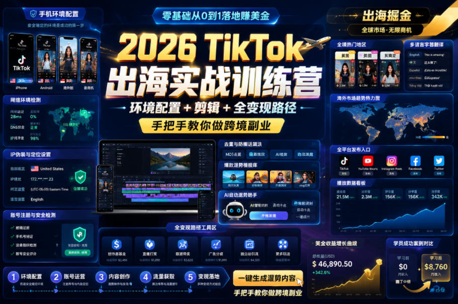 2026 TikTok出海实战训练营，环境配置 + 剪辑 + 全变现路径，手把手教你做跨境副业-御文网