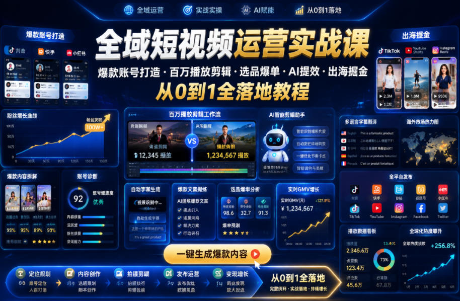 全域短视频运营实战课，爆款账号打造・百万播放剪辑・选品爆单・AI提效・出海掘金，从0到1全落地教程-御文网