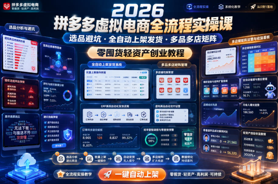 2026拼多多虚拟电商全流程实操课，选品避坑・全自动上架发货・多品多店矩阵，零囤货轻资产创业教程-御文网