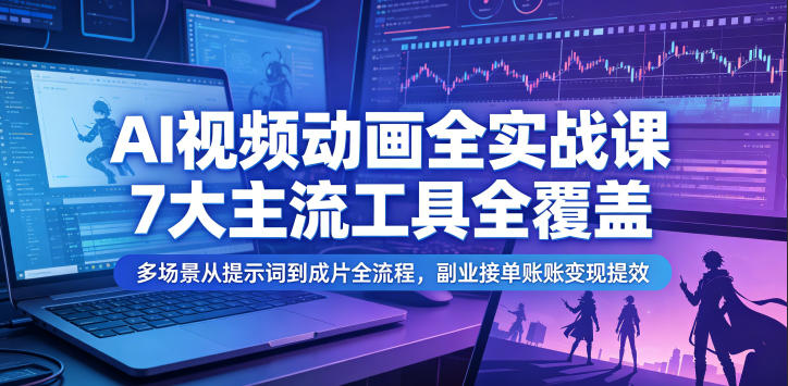 AI视频动画全实战课，7大主流工具全覆盖，多场景从提示词到成片全流程，副业接单账号变现提效-御文网