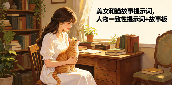 美女和猫故事提示词，人物一致性提示词+故事板-御文网