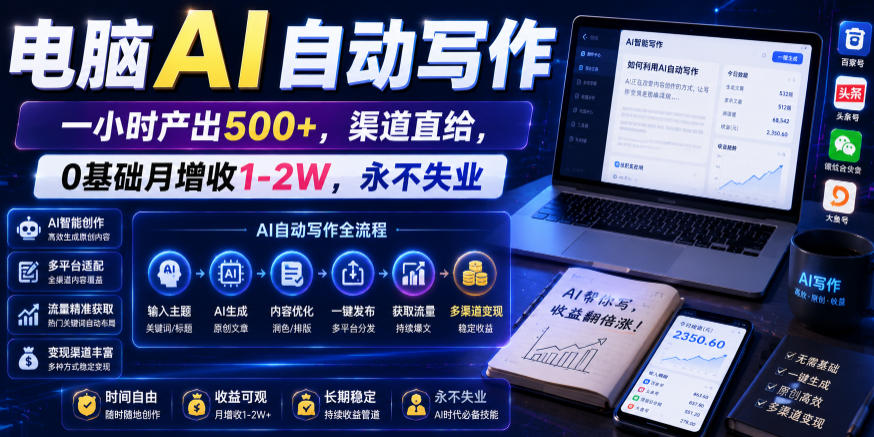电脑AI自动写作,一小时产出500+,渠道直给,0基础月增收1-2W,永不失业【揭秘】-御文网
