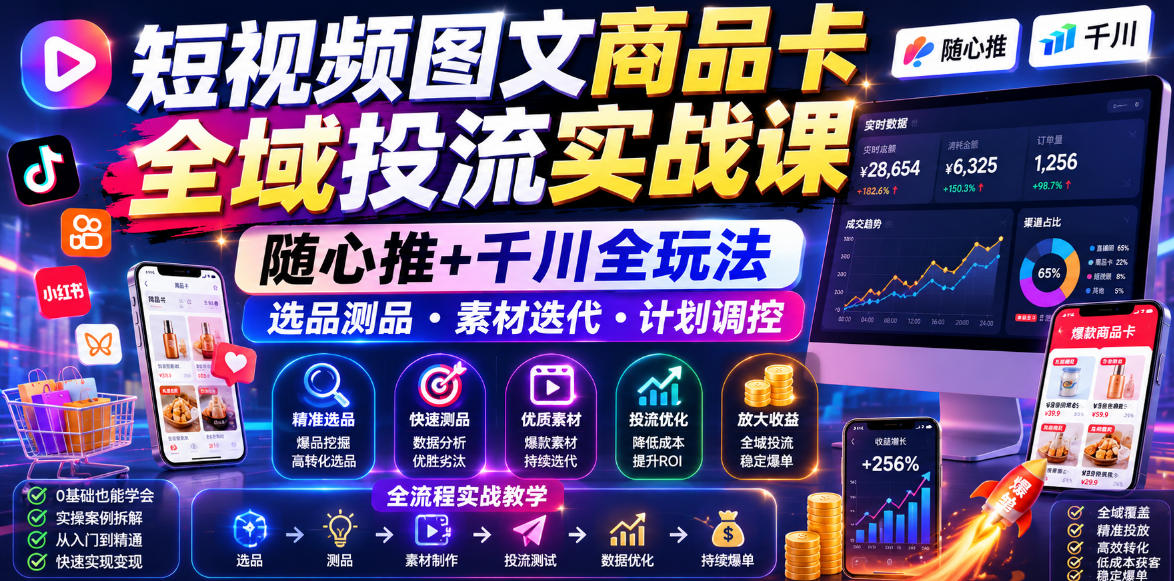 短视频图文商品卡全域投流实战课,随心推+千川全玩法,选品测品・素材迭代・计划调控,提升ROI爆单增收教程-御文网
