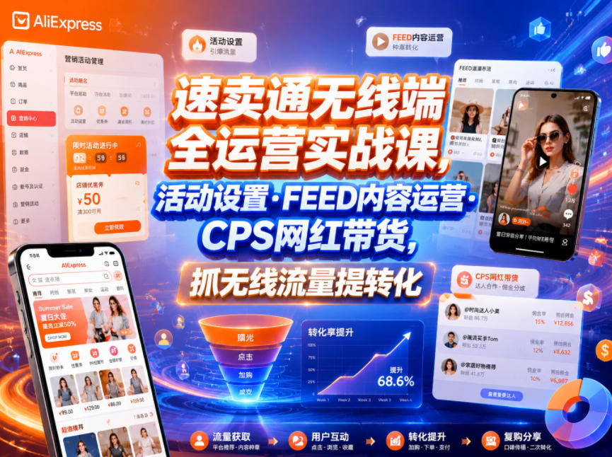 速卖通无线端全运营实战课，活动设置・FEED内容运营・CPS网红带货，抓无线流量提转化-御文网