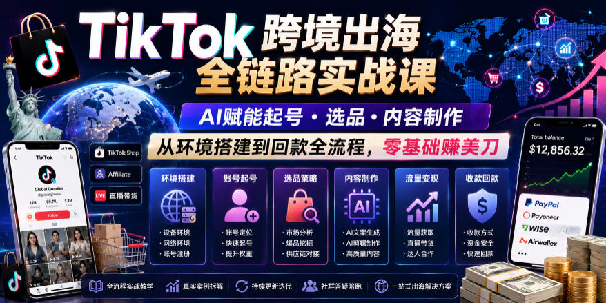 TikTok跨境出海全链路实战课，AI赋能起号・选品・内容制作，从环境搭建到回款全流程，零基础賺美刀-御文网
