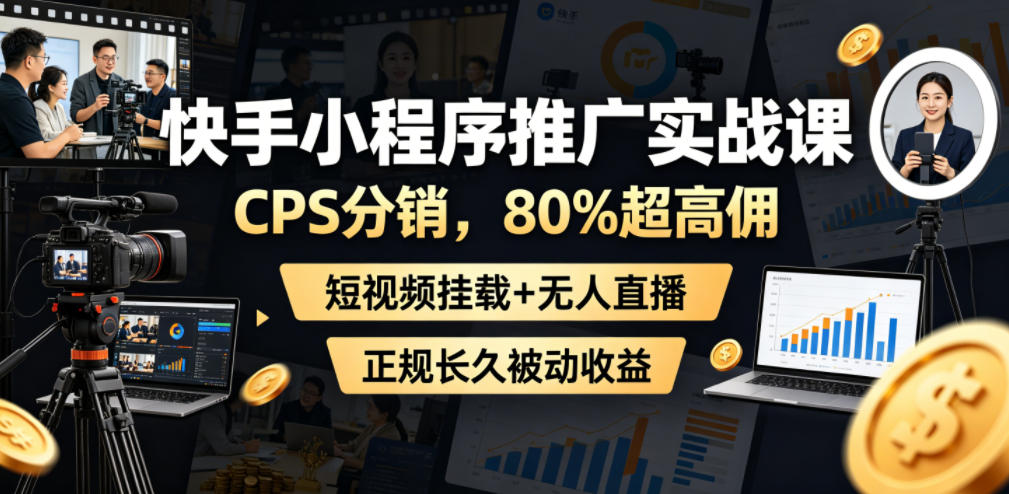 快手小程序推广实战课,CPS分销,80%超高佣,短视频挂载+无人直播,正规长久被动收益-御文网