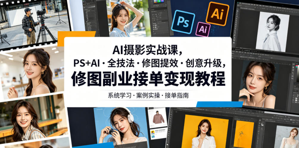 AI摄影实战课，PS+AI・全技法・修图提效・创意升级，修图副业接单变现教程-御文网