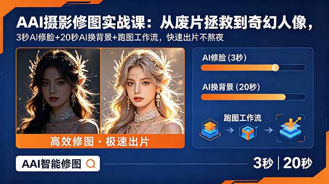 AI摄影修图实战课：从废片拯救 到 奇幻人像，3秒AI修脸+20秒AI换背景+跑图工作流，快速出片不熬夜-御文网