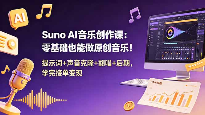 Suno AI音乐创作课:零基础也能做原创音乐!提示词+声音克隆+翻唱+后期,学完接单变现-御文网