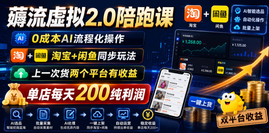 薅流虚拟2.0陪跑课，0成本AI流程化操作，淘宝+闲鱼同步玩法，上一次货两个平台有收益，单店每天200纯利润-御文网