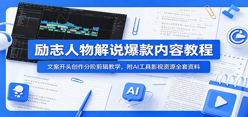 励志人物解说爆款内容教程:文案开头创作分阶剪辑教学,附AI 工具影视资源全套资料-御文网