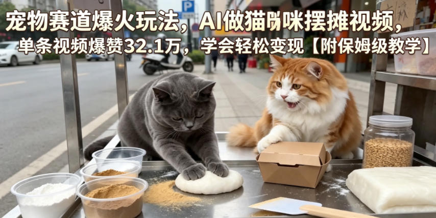 宠物赛道爆火玩法,AI做猫咪摆摊视频,单条视频爆赞32.1万,学会轻松变现【附保姆级教学】-御文网