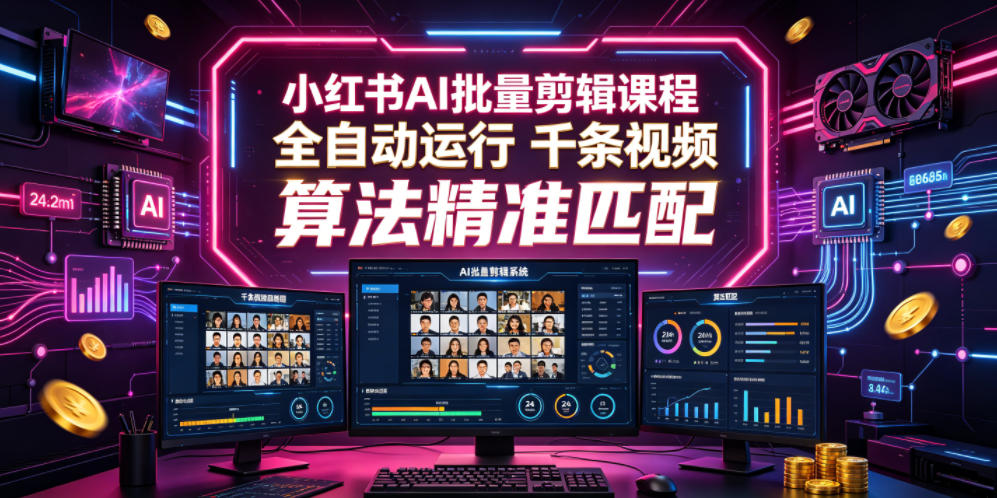 小红书AI批量剪辑课程，24小时全自动运行，解放双手专注运营，千条视频批量处理，小红书算法精准匹配-御文网