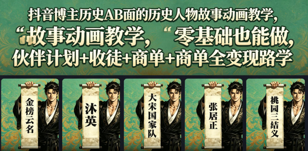 抖音博主历史AB面的历史人物故事动画教学，零基础也能做，伙伴计划+收徒+商单全变现路径教学-御文网