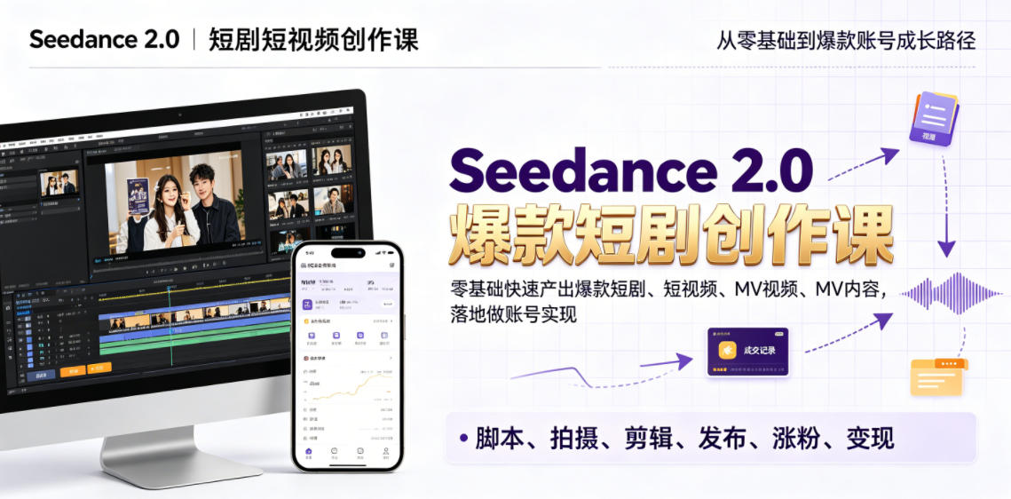 Seedance 2.0短剧短视频创作课，零基础快速产出爆款短剧、短视频、MV内容，落地做账号实现变现-御文网
