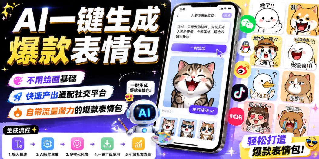 AI一键生成爆款表情包,不用绘画基础,快速产出适配社交平台,自带流量潜力的爆款表情包-御文网