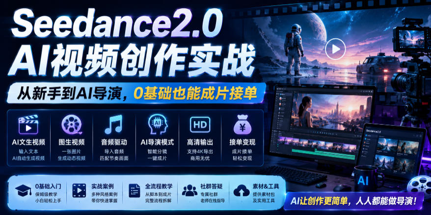 Seedance2.0 AI视频创作实战,从新手到AI导演,0基础也能成片接单变现-御文网