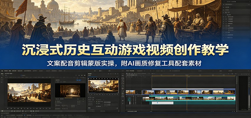 沉浸式历史互动游戏视频创作教学:文案配音剪辑蒙版实操,附AI画质修复工具配套素材-御文网
