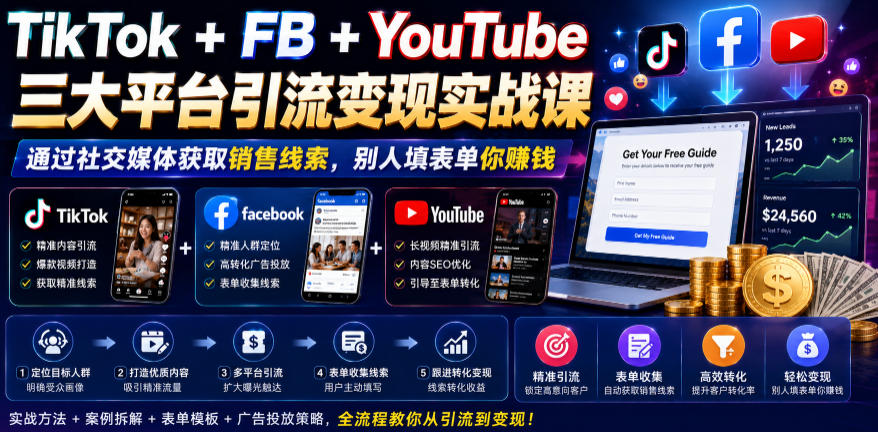 TikTok+FB+YouTube三大平台引流变现实战课，通过社交媒体获取销售线索，别人填表单你賺钱【原创双语字幕】-御文网
