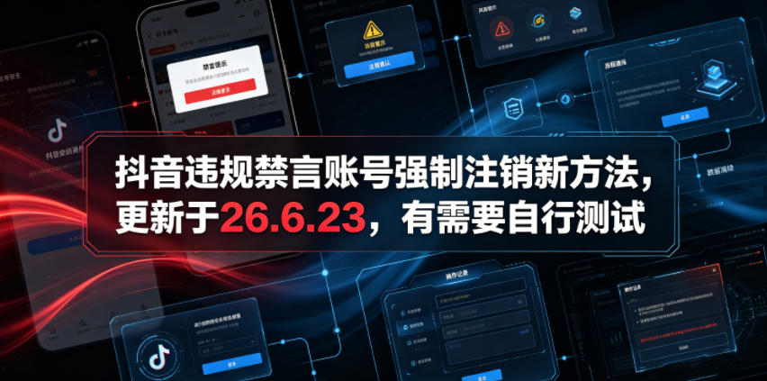 抖音违规禁言账号强制注销新方法，更新于26.6.23，有需要自行测试-御文网