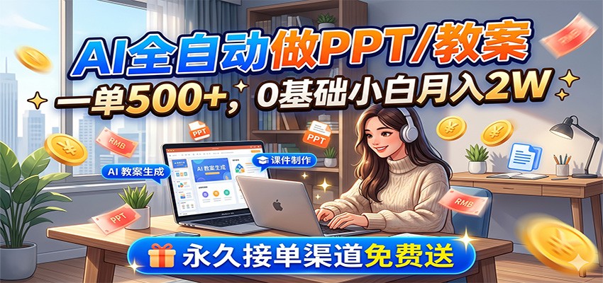 AI全自动做PPT/教案，一单500+，0基础小白月入2W，永久接单渠道免费送-御文网